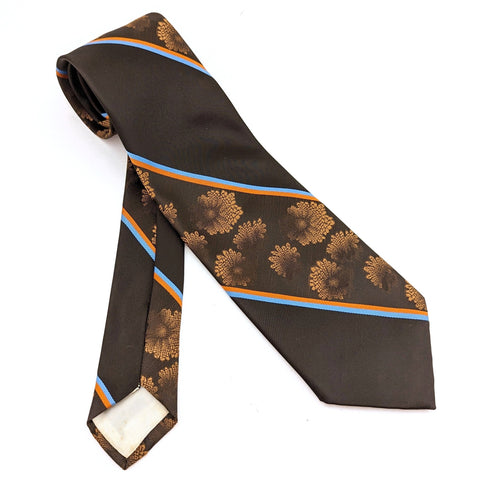1970s Abstract Floral Necktie Men's Vintage Disco Era Wide Brown Polyester Tie Orange & Blue Bands and Woven Designs by Monsieur Cravatieur