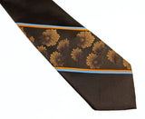1970s Abstract Floral Necktie Men's Vintage Disco Era Wide Brown Polyester Tie Orange & Blue Bands and Woven Designs by Monsieur Cravatieur