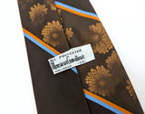 1970s Abstract Floral Necktie Men's Vintage Disco Era Wide Brown Polyester Tie Orange & Blue Bands and Woven Designs by Monsieur Cravatieur