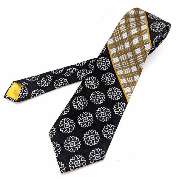 1970s Abstract Floral Tie Mens Vintage Black, White & Gold Disco Polyester Necktie Woven Abstract Flower and Plaid Designs Tie Tree, Seattle