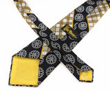 1970s Abstract Floral Tie Mens Vintage Black, White & Gold Disco Polyester Necktie Woven Abstract Flower and Plaid Designs Tie Tree, Seattle