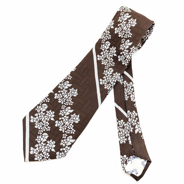 1970s Floral Necktie Men's Vintage Disco Era Wide Brown Polyester Tie with Woven White Flower Designs by Monsieur Cravatieur