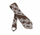 1970s Floral Necktie Men's Vintage Disco Era Wide Brown Polyester Tie with Woven White Flower Designs by Monsieur Cravatieur