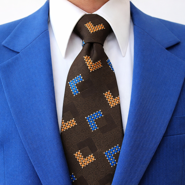 1970s Wide Brown Abstract Tie Men's Vintage Disco Era Knit Polyester Necktie with Woven Geometric Designs by Eve's Creations