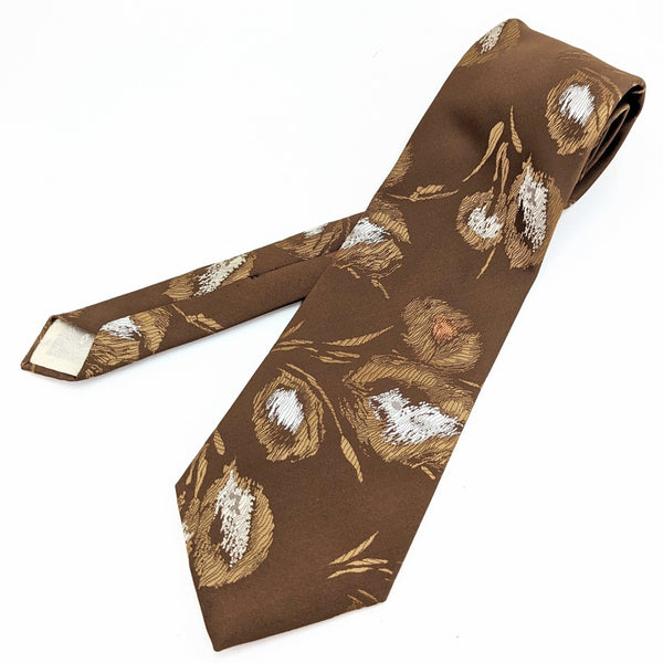1970s Abstract Floral Necktie Men's Vintage Disco Era Wide Brown Imported Polyester Tie with Woven Flower Designs by LEONARDO