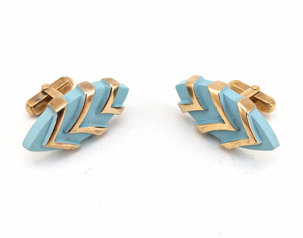 1960s Mod Turquoise and Gold Colored Cufflinks Mad Men Era Gold Tone Metal Cufflink Set with Turquoise Enamel Modernist Designs by ANSON