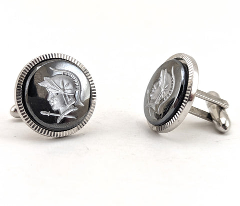 1950s-60s Hematite Centurion Cufflinks Set Silver Tone Mad Men Era Men's Vintage Cufflinks with Gladiator Design