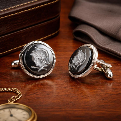 1950s-60s Hematite Centurion Cufflinks Set Silver Tone Mad Men Era Men's Vintage Cufflinks with Gladiator Design