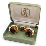 1960s Tiger's eye Cufflinks & Tie Tack / Tie Pin Set Gold Tone Mad Men Era Modernist Men's Vintage Synthetic Tiger's eye cufflink set in box