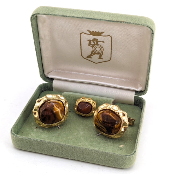 1960s Tiger's eye Cufflinks & Tie Tack / Tie Pin Set Gold Tone Mad Men Era Modernist Men's Vintage Synthetic Tiger's eye cufflink set in box