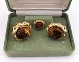 1960s Tiger's eye Cufflinks & Tie Tack / Tie Pin Set Gold Tone Mad Men Era Modernist Men's Vintage Synthetic Tiger's eye cufflink set in box