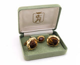 1960s Tiger's eye Cufflinks & Tie Tack / Tie Pin Set Gold Tone Mad Men Era Modernist Men's Vintage Synthetic Tiger's eye cufflink set in box