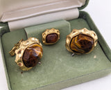 1960s Tiger's eye Cufflinks & Tie Tack / Tie Pin Set Gold Tone Mad Men Era Modernist Men's Vintage Synthetic Tiger's eye cufflink set in box