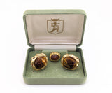 1960s Tiger's eye Cufflinks & Tie Tack / Tie Pin Set Gold Tone Mad Men Era Modernist Men's Vintage Synthetic Tiger's eye cufflink set in box