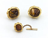 1960s Tiger's eye Cufflinks & Tie Tack / Tie Pin Set Gold Tone Mad Men Era Modernist Men's Vintage Synthetic Tiger's eye cufflink set in box