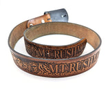 1970s-80s Vintage Mt. Rushmore Leather Belt Western Cowboy Style Tooled Leather Mount Rushmore Souvenir Belt with Pewter Agate Buckle