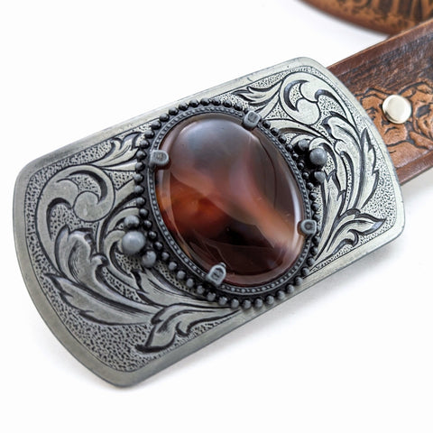 1970s-80s Vintage Natural Agate Stone Cowboy Western Style Pewter Look Antiqued Metal Belt Buckle for Men's Leather Belt