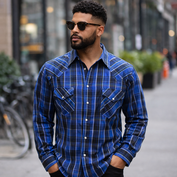 1980s Vintage Plaid Ely Cattleman Western Shirt Men's Cowboy Style Long Sleeve Blue & Black Pearl Snap Shirt - SIZE XL