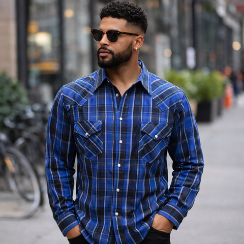 1980s Vintage Plaid Ely Cattleman Western Shirt Men's Cowboy Style Long Sleeve Blue & Black Pearl Snap Shirt - SIZE XL
