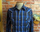 1980s Vintage Plaid Ely Cattleman Western Shirt Men's Cowboy Style Long Sleeve Blue & Black Pearl Snap Shirt - SIZE XL