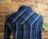 1980s Vintage Plaid Ely Cattleman Western Shirt Men's Cowboy Style Long Sleeve Blue & Black Pearl Snap Shirt - SIZE XL