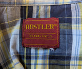 1980s Vintage Rustler Western Shirt Men's Blue & Yellow Plaid Cowboy Style Short Sleeve Shirt with Pearl Snaps - Size XL