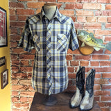 1980s Vintage Rustler Western Shirt Men's Blue & Yellow Plaid Cowboy Style Short Sleeve Shirt with Pearl Snaps - Size XL