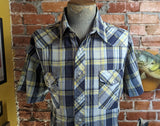 1980s Vintage Rustler Western Shirt Men's Blue & Yellow Plaid Cowboy Style Short Sleeve Shirt with Pearl Snaps - Size XL