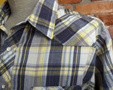 1980s Vintage Rustler Western Shirt Men's Blue & Yellow Plaid Cowboy Style Short Sleeve Shirt with Pearl Snaps - Size XL