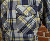 1980s Vintage Rustler Western Shirt Men's Blue & Yellow Plaid Cowboy Style Short Sleeve Shirt with Pearl Snaps - Size XL