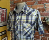 1980s Vintage Rustler Western Shirt Men's Blue & Yellow Plaid Cowboy Style Short Sleeve Shirt with Pearl Snaps - Size XL