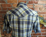 1980s Vintage Rustler Western Shirt Men's Blue & Yellow Plaid Cowboy Style Short Sleeve Shirt with Pearl Snaps - Size XL