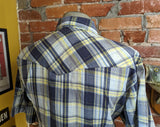 1980s Vintage Rustler Western Shirt Men's Blue & Yellow Plaid Cowboy Style Short Sleeve Shirt with Pearl Snaps - Size XL