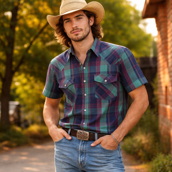 1980s Vintage Saddle King Green, Red & Purple Palidd Western Shirt Men's Cowboy Style Short Sleeve Pearl Snap Western Wear Shirt - Size XL