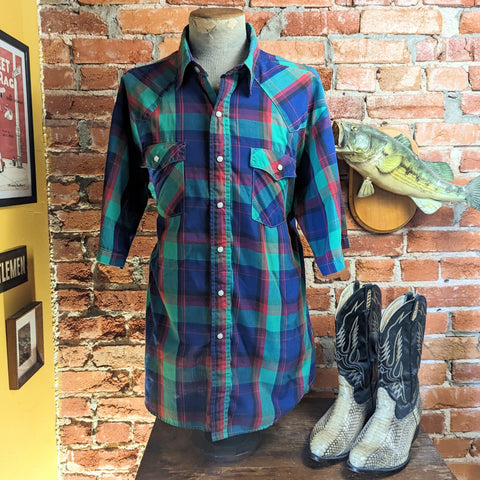 1980s Vintage Saddle King Green, Red & Purple Palidd Western Shirt Men's Cowboy Style Short Sleeve Pearl Snap Western Wear Shirt - Size XL