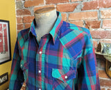1980s Vintage Saddle King Green, Red & Purple Palidd Western Shirt Men's Cowboy Style Short Sleeve Pearl Snap Western Wear Shirt - Size XL