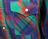 1980s Vintage Saddle King Green, Red & Purple Palidd Western Shirt Men's Cowboy Style Short Sleeve Pearl Snap Western Wear Shirt - Size XL