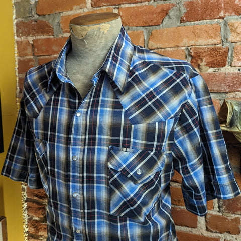 1980s Vintage Plaid Western Shirt Men's Cowboy Style Short Sleeve Blue, Black & Tan Pearl Snap Shirt by PLAINS WESTERNWEAR - Size LARGE