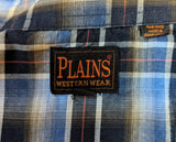 1980s Vintage Plaid Western Shirt Men's Cowboy Style Short Sleeve Blue, Black & Tan Pearl Snap Shirt by PLAINS WESTERNWEAR - Size LARGE