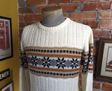 1970s-80s Men's Knit Acrylic Sweater Vintage Cream Pullover Cable Knit Sweater with Brown Snowflake Designs by ROB WINTER - Size MEDIUM
