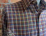 1970s Vintage Men's Plaid Long Sleeve Shirt Brown, Burgundy, Blue & White Plaid Shirt by WEDGEFIELD - Size MEDIUM