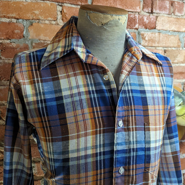 1970s Vintage Blue & Brown Plaid Disco Era Men's Long Sleeve Shirt by The COUNTY SEAT - Size LARGE