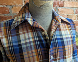 1970s Vintage Blue & Brown Plaid Disco Era Men's Long Sleeve Shirt by The COUNTY SEAT - Size LARGE