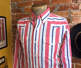 1980s Vintage Western Shirt Men's Cowboy Style Pink, Blue & White Striped Long Sleeve Shirt by Panhandle Slim - Size LARGE
