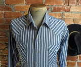 1980s Vintage Striped Ely Cattleman Western Shirt Men's Cowboy Style Long Sleeve Blue & White Pearl Snap Shirt - SIZE XL