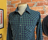 1980s Vintage Plaid Western Shirt Men's Cowboy Style Long Sleeve Green & Blue Plaid Pearl Snap Shirt by ELY PLAINS - Size MEDIUM