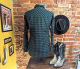 1980s Vintage Plaid Western Shirt Men's Cowboy Style Long Sleeve Green & Blue Plaid Pearl Snap Shirt by ELY PLAINS - Size MEDIUM