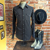 1980s Vintage Black Striped Ely Cattleman Western Shirt Men's Cowboy Style Long Sleeve Pearl Snap Shirt - SIZE LARGE