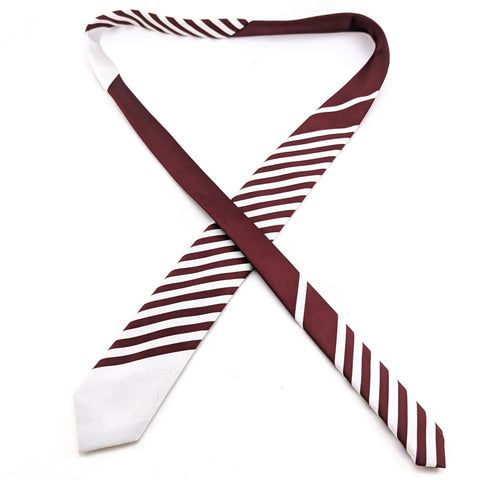 1960s Mod Striped Skinny Tie Men's Vintage Burgundy Red & White Polyester Necktie with diagonal stripes by Setura Gold