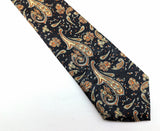 1970s Wide Black Paisley Tie Men's Vintage Black 100% Polyester Necktie with Orange & Cream Colored Paisley Designs